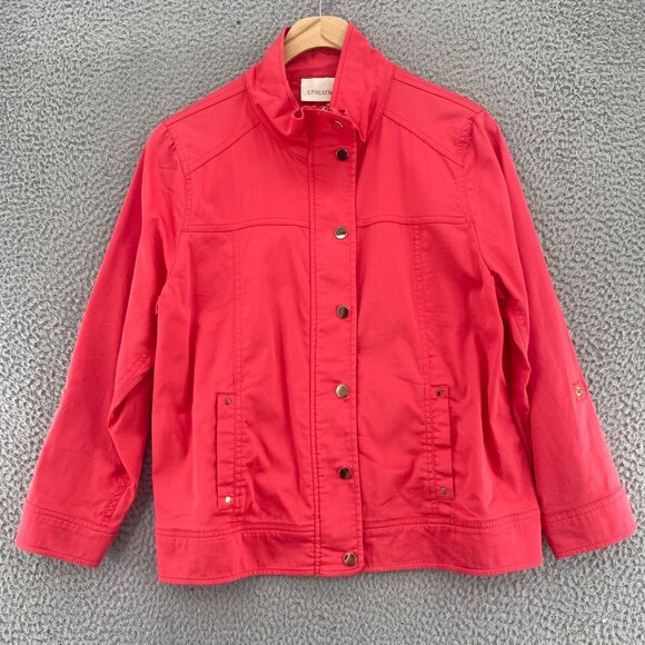 Chicos Jacket Womens 1 US Medium Red Luxe Twill Utility Snap Up Pockets Casual - Picture 1 of 14